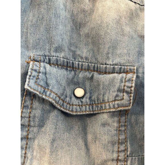 Say What? Denim Tattered Lace Chambray Pearl Button Up Shirt Top Womens 2X - Picture 2 of 7